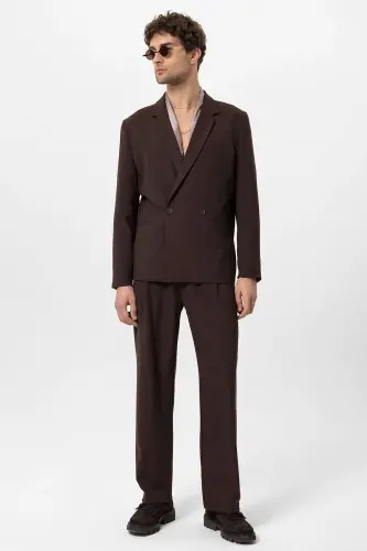 Kahve Tek Düğme Kruvaze Kapama Erkek Blazer Ceket-Kahve - 4