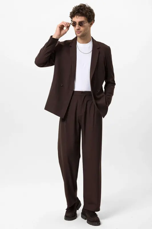 Kahve Tek Düğme Kruvaze Kapama Erkek Blazer Ceket-Kahve - 5