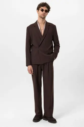 Kahve Tek Düğme Kruvaze Kapama Erkek Blazer Ceket-Kahve - 6