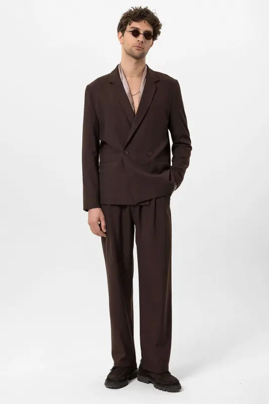 Kahve Tek Düğme Kruvaze Kapama Erkek Blazer Ceket-Kahve - 6