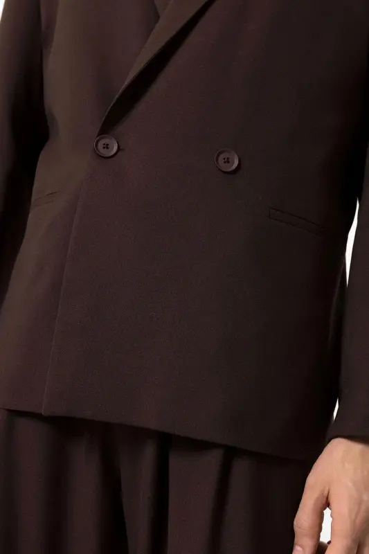 Kahve Tek Düğme Kruvaze Kapama Erkek Blazer Ceket-Kahve - 7