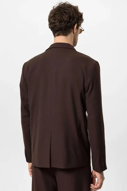 Kahve Tek Düğme Kruvaze Kapama Erkek Blazer Ceket-Kahve - 8