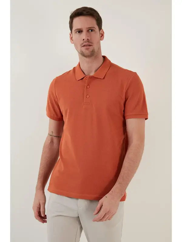 Kahverengi %100 Pamuk Düğmeli Regular Fit Polo Tişört 5902127-Kahverengi - 4