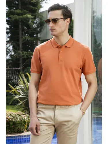 Kahverengi %100 Pamuk Düğmeli Regular Fit Polo Tişört 5902127-Kahverengi 
