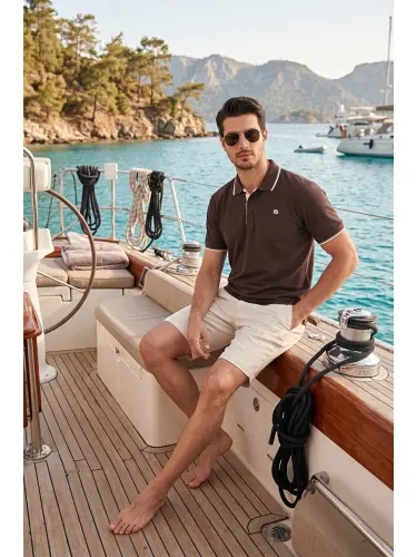 Kahverengi % 100 Pamuk Düğmeli Slim Fit Erkek Polo Yaka T Shirt 5902118-Kahverengi - 1
