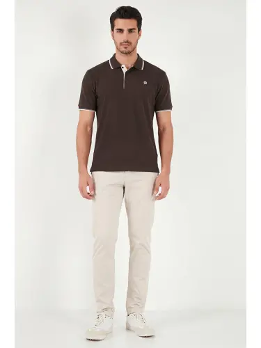 Kahverengi % 100 Pamuk Düğmeli Slim Fit Erkek Polo Yaka T Shirt 5902118-Kahverengi - 3