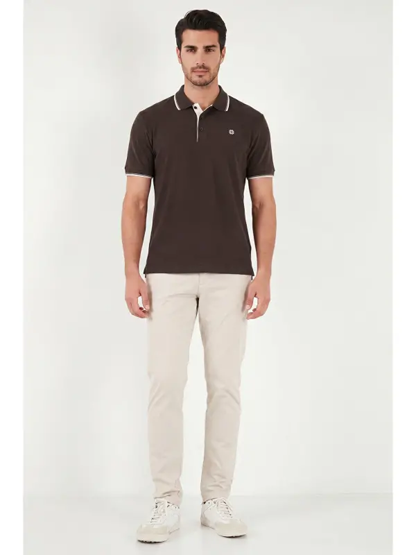 Kahverengi % 100 Pamuk Düğmeli Slim Fit Erkek Polo Yaka T Shirt 5902118-Kahverengi - 3