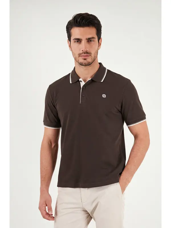 Kahverengi % 100 Pamuk Düğmeli Slim Fit Erkek Polo Yaka T Shirt 5902118-Kahverengi - 4