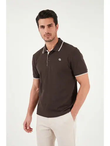 Kahverengi % 100 Pamuk Düğmeli Slim Fit Erkek Polo Yaka T Shirt 5902118-Kahverengi - 5