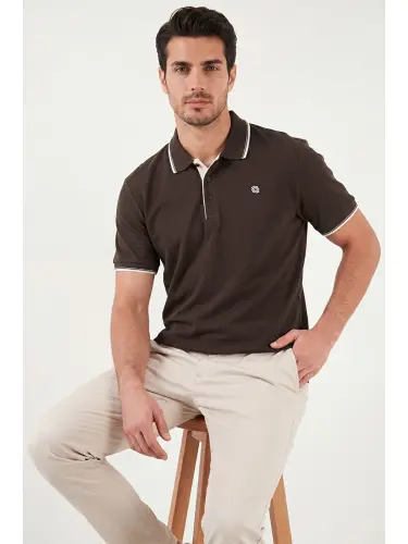 Kahverengi % 100 Pamuk Düğmeli Slim Fit Erkek Polo Yaka T Shirt 5902118-Kahverengi - 6