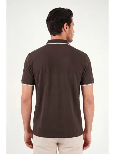 Kahverengi % 100 Pamuk Düğmeli Slim Fit Erkek Polo Yaka T Shirt 5902118-Kahverengi - 7