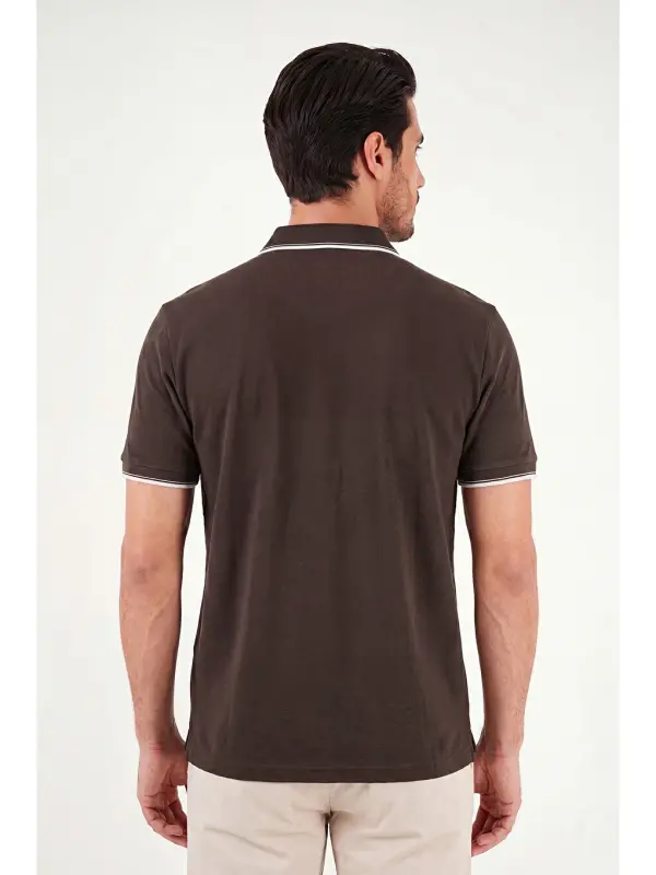 Kahverengi % 100 Pamuk Düğmeli Slim Fit Erkek Polo Yaka T Shirt 5902118-Kahverengi - 7