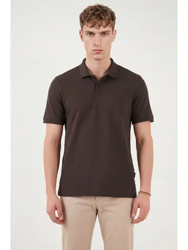 Kahverengi % 100 Pamuk Regular Fit Düğmeli Erkek Polo Yaka Tişört 5902127-Kahverengi - 4