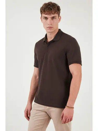 Kahverengi % 100 Pamuk Regular Fit Düğmeli Erkek Polo Yaka Tişört 5902127-Kahverengi - 5