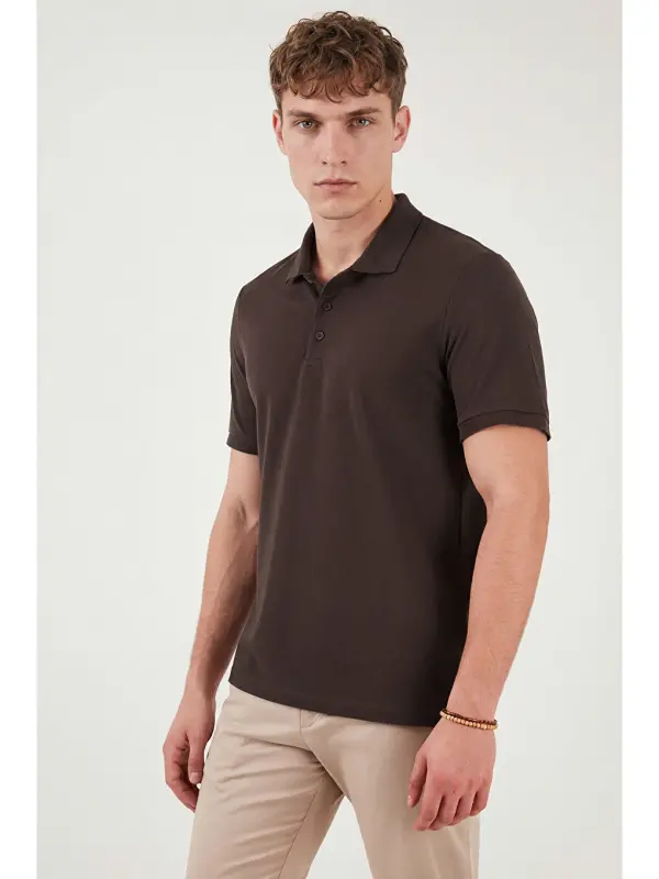 Kahverengi % 100 Pamuk Regular Fit Düğmeli Erkek Polo Yaka Tişört 5902127-Kahverengi - 5