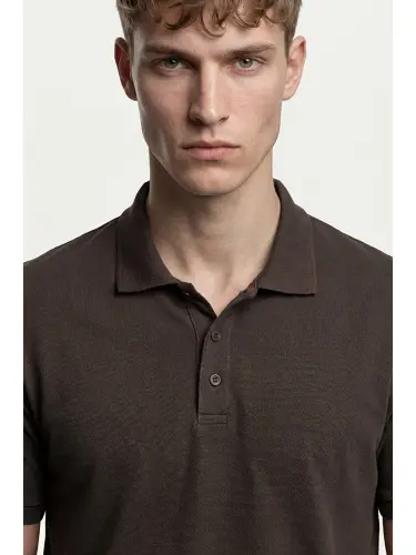 Kahverengi % 100 Pamuk Regular Fit Düğmeli Erkek Polo Yaka Tişört 5902127-Kahverengi - 6