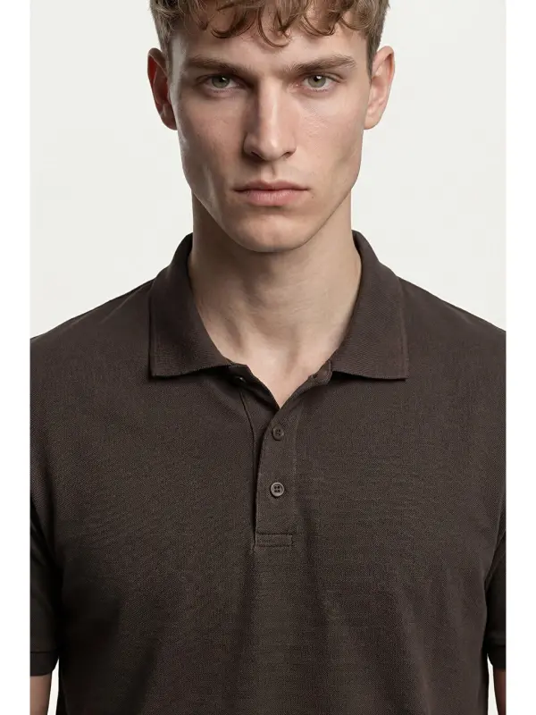Kahverengi % 100 Pamuk Regular Fit Düğmeli Erkek Polo Yaka Tişört 5902127-Kahverengi - 6