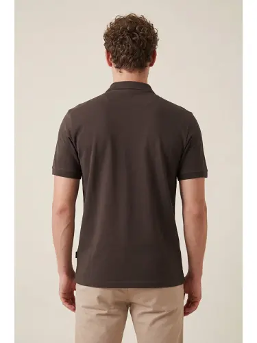 Kahverengi % 100 Pamuk Regular Fit Düğmeli Erkek Polo Yaka Tişört 5902127-Kahverengi - 7