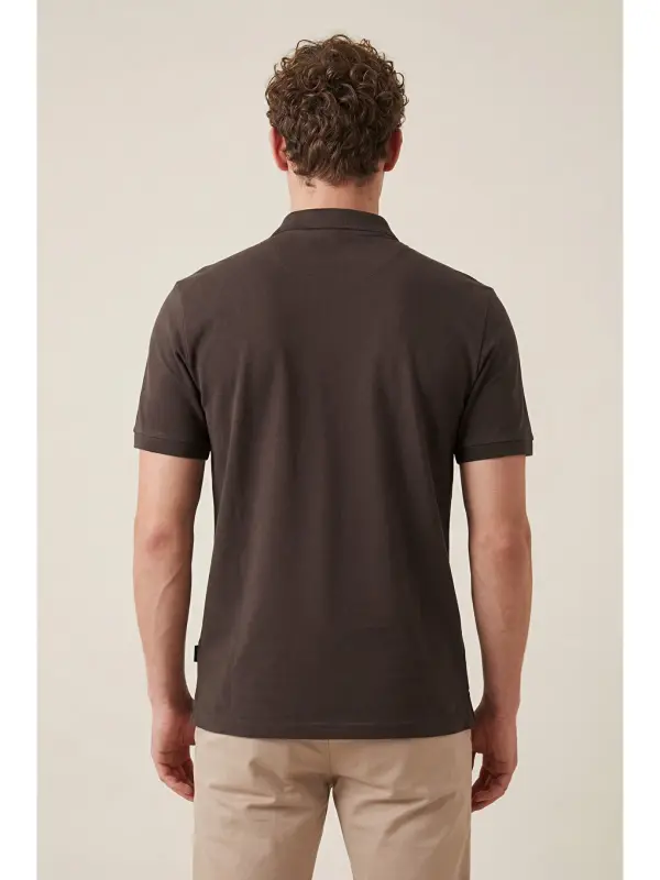 Kahverengi % 100 Pamuk Regular Fit Düğmeli Erkek Polo Yaka Tişört 5902127-Kahverengi - 7