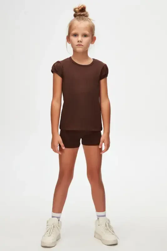 Kahverengi Basic Kız Çocuk Sıfır Yaka Karpuz Kol Tişört-CHESTNUT - 1