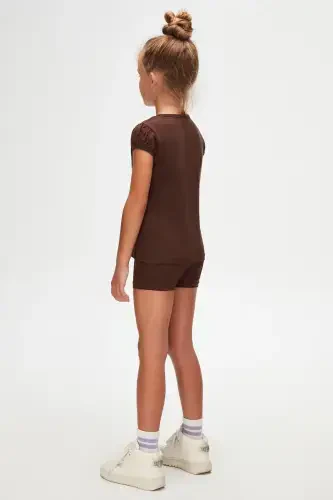 Kahverengi Basic Kız Çocuk Sıfır Yaka Karpuz Kol Tişört-CHESTNUT - 4