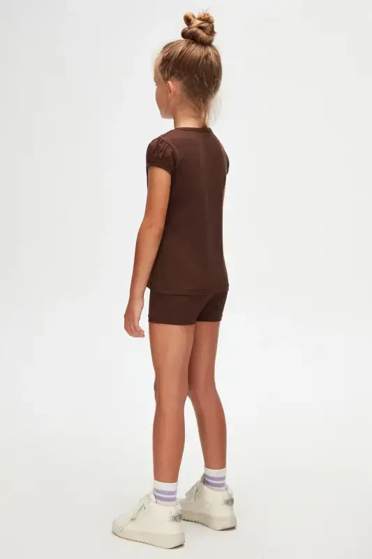 Kahverengi Basic Kız Çocuk Sıfır Yaka Karpuz Kol Tişört-CHESTNUT - 4