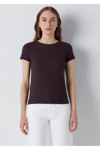 Kahverengi Basic Tişört Slim Fit / Dar Kesim 1612904-90704 - Kahverengi - 3