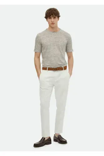 Kahverengi Çizgili Bisiklet Yaka %100 Keten T-Shirt - RAMSEY (1)