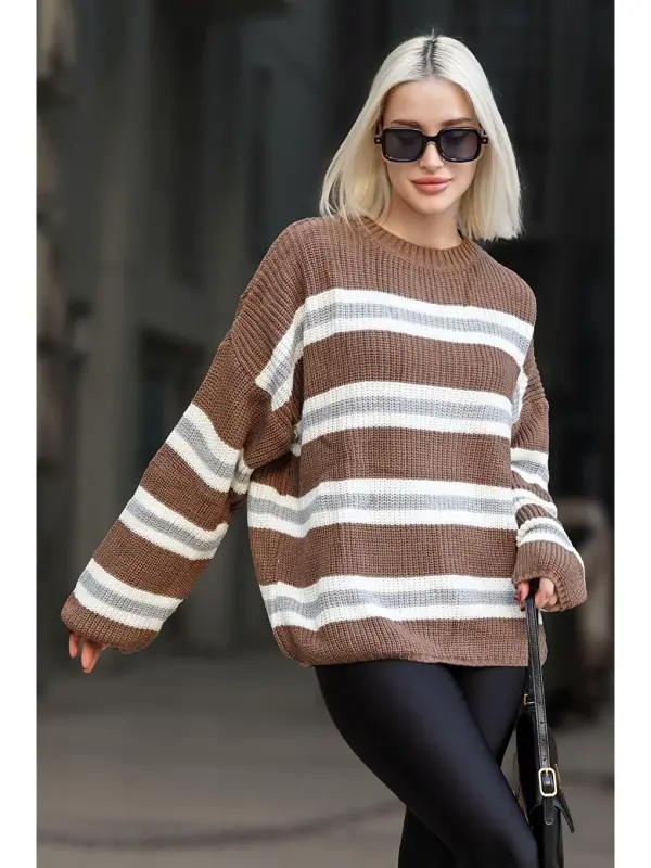 Kahverengi Çizgili Triko Kazak Mg1244-Kahverengi - 2