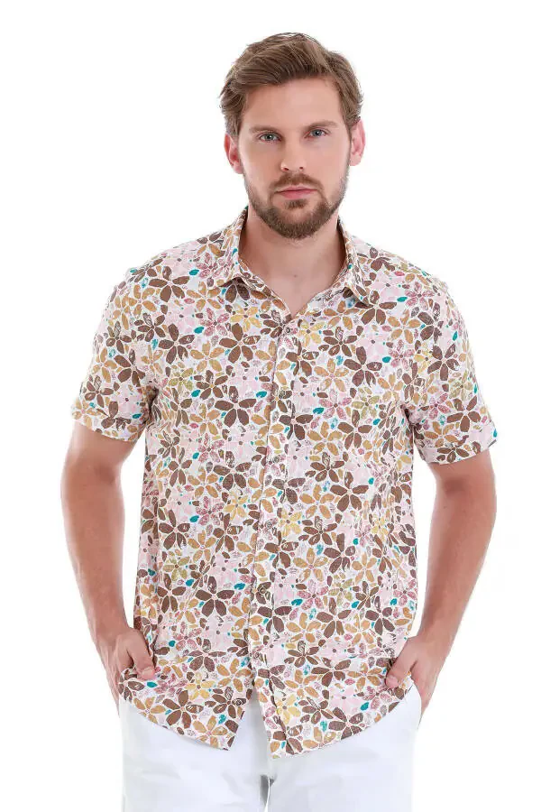 Kahverengi Comfort Fit Baskılı 100% Pamuk Slim Yaka Kısa Kollu Gömlek-Kahverengi - 1