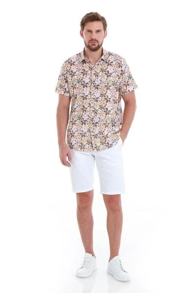 Kahverengi Comfort Fit Baskılı 100% Pamuk Slim Yaka Kısa Kollu Gömlek-Kahverengi - 2
