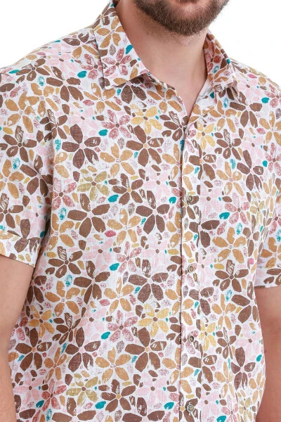 Kahverengi Comfort Fit Baskılı 100% Pamuk Slim Yaka Kısa Kollu Gömlek-Kahverengi - 5