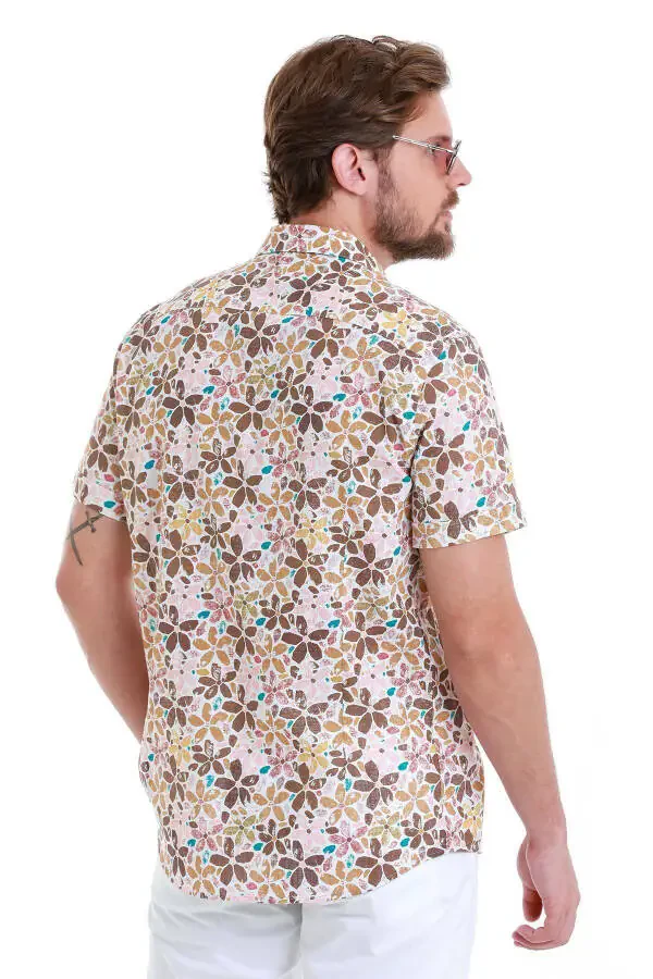 Kahverengi Comfort Fit Baskılı 100% Pamuk Slim Yaka Kısa Kollu Gömlek-Kahverengi - 6