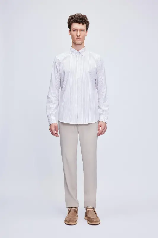 Kahverengi Comfort Fit Çizgili Pamuklu Düğmeli Yaka Uzun Kollu Casual Gömlek-Kahverengi - 2