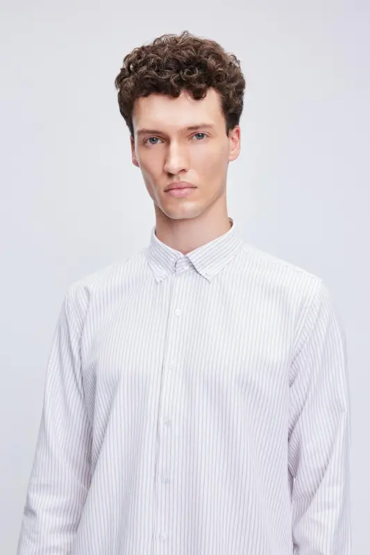 Kahverengi Comfort Fit Çizgili Pamuklu Düğmeli Yaka Uzun Kollu Casual Gömlek-Kahverengi - 3