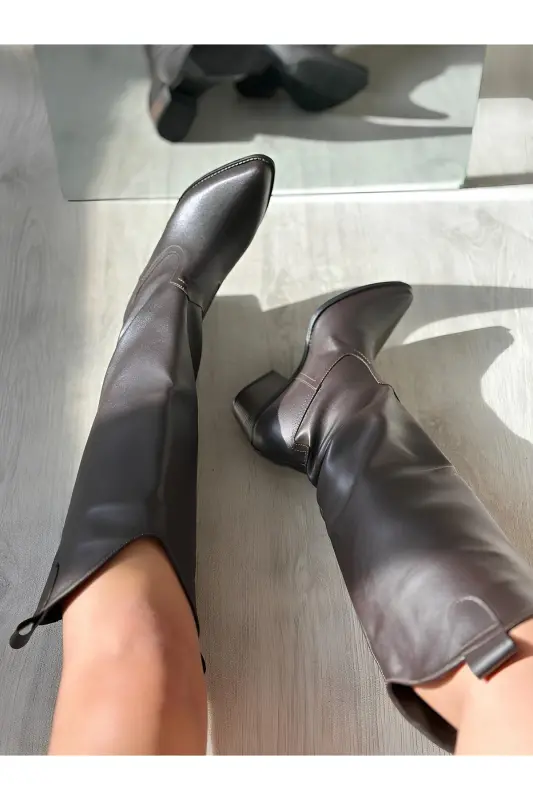 Kahverengi Deri Western Tarzı Dizaltı Uzun Kadın Çizme-Kahverengi - 2