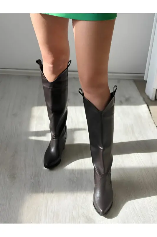 Kahverengi Deri Western Tarzı Dizaltı Uzun Kadın Çizme-Kahverengi - 3