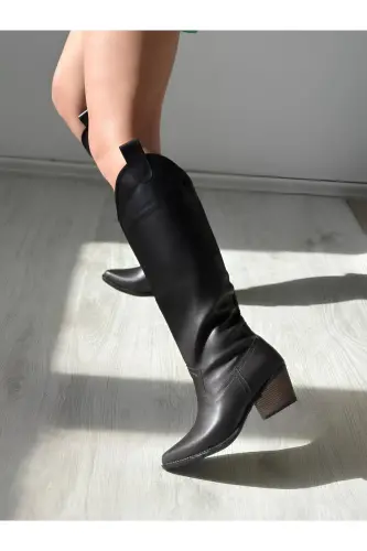 Kahverengi Deri Western Tarzı Dizaltı Uzun Kadın Çizme-Kahverengi - 4