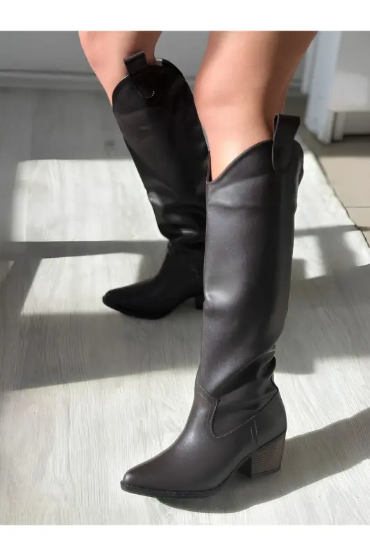 Kahverengi Deri Western Tarzı Dizaltı Uzun Kadın Çizme-Kahverengi - 6