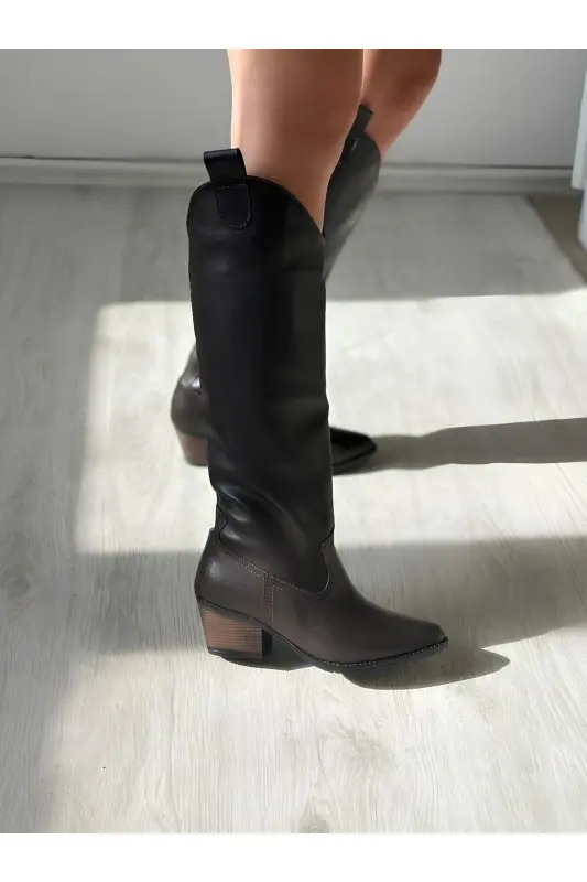 Kahverengi Deri Western Tarzı Dizaltı Uzun Kadın Çizme-Kahverengi - 7