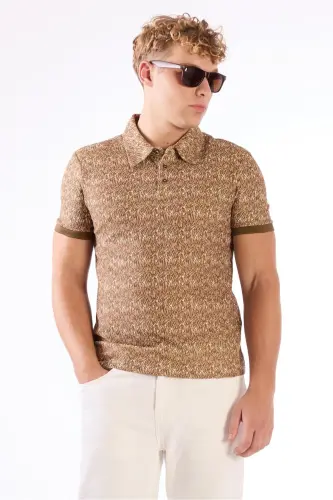 Kahverengi Erkek Ekstra Slim Fit Desenli Casual Polo Yaka T-shirt - KAHVE 