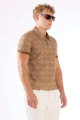 Kahverengi Erkek Ekstra Slim Fit Desenli Casual Polo Yaka T-shirt-KAHVE - 2