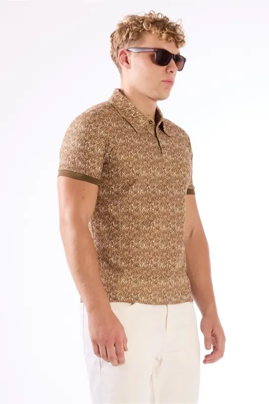 Kahverengi Erkek Ekstra Slim Fit Desenli Casual Polo Yaka T-shirt-KAHVE - 2