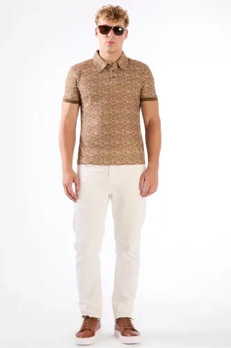 Kahverengi Erkek Ekstra Slim Fit Desenli Casual Polo Yaka T-shirt-KAHVE - 3