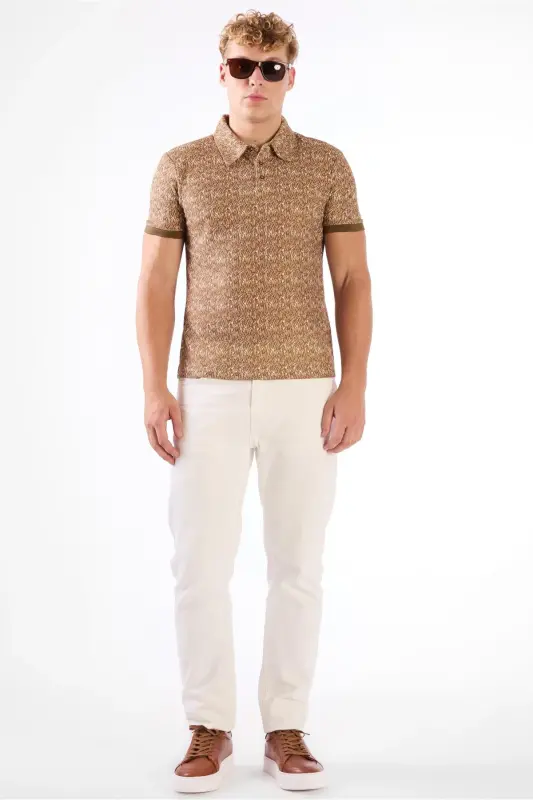 Kahverengi Erkek Ekstra Slim Fit Desenli Casual Polo Yaka T-shirt-KAHVE - 3