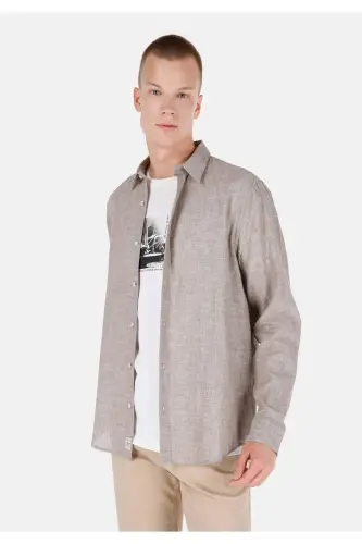 Comfort Fit Shirt Neck Düz Erkek Kahverengi Uzun Kol Gömlek - CAMEL - 1