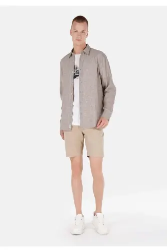 Comfort Fit Shirt Neck Düz Erkek Kahverengi Uzun Kol Gömlek - CAMEL - 3