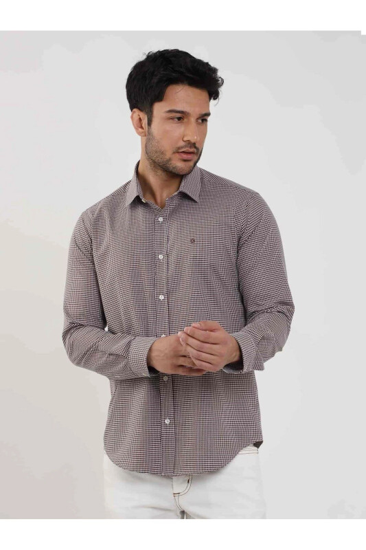 Kahverengi Erkek Slim Fit Puantiyeli Brent Yaka Uzun Kol Gömlek - Kahve - 1