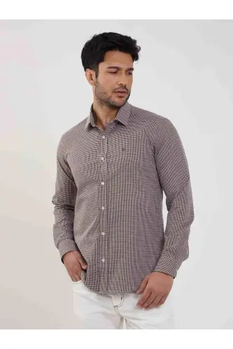 Kahverengi Erkek Slim Fit Puantiyeli Brent Yaka Uzun Kol Gömlek - Kahve - 4