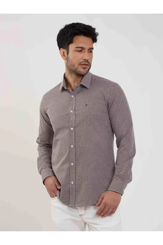 Kahverengi Erkek Slim Fit Puantiyeli Brent Yaka Uzun Kol Gömlek - Kahve - 4